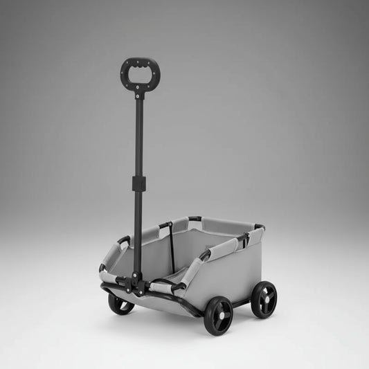 Poussette pliante pour chien grise avec poignée réglable et quatre roues robustes Oscar et Plume