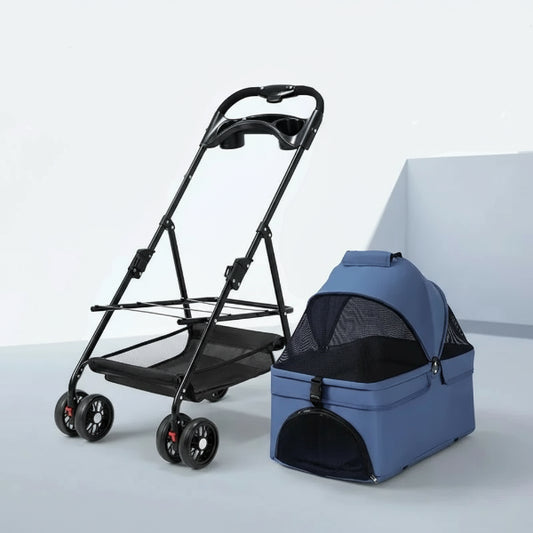 Poussette pour chien Oscar et Plume avec châssis noir et panier bleu amovible pour animaux