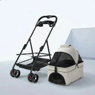 Poussette pour chien Oscar et Plume avec châssis noir et panier beige amovible avec filet de protection