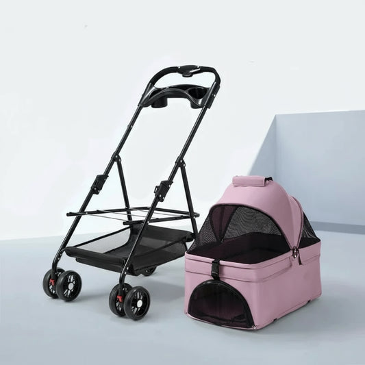 Poussette pour chien Oscar et Plume avec chariot noir et nacelle rose amovible et aérée