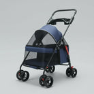 Poussette pour chien bleu avec structure en métal, roues doubles et filet de ventilation