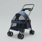Poussette pour chien bleu avec structure en métal, roues doubles et filet de ventilation