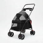 Poussette pour chien noire avec roues pivotantes et espace aéré en filet pour une bonne ventilation
