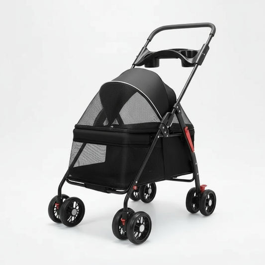 Poussette pour chien noire avec roues pivotantes et espace aéré en filet pour une bonne ventilation