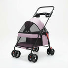 Poussette pour chien rose avec structure noire et roues doubles pour promenade confortable