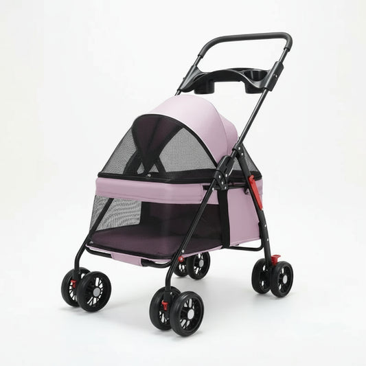 Poussette pour chien rose avec structure noire et roues doubles pour promenade confortable