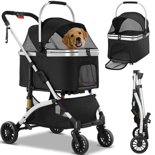 Poussette pour chien pliable noire avec châssis en aluminium et panier de rangement Oscar et Plume