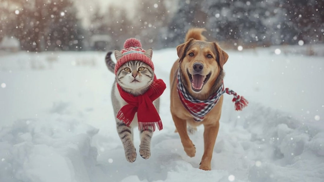 chat et chien qui courent heureux dans la neige et qui portent une écharpe
