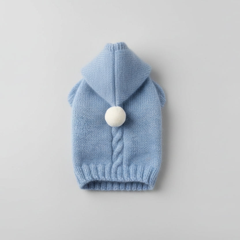 Pull capuche pour chien en bleu avec un pompon et un design doux pour le confort de votre animal
