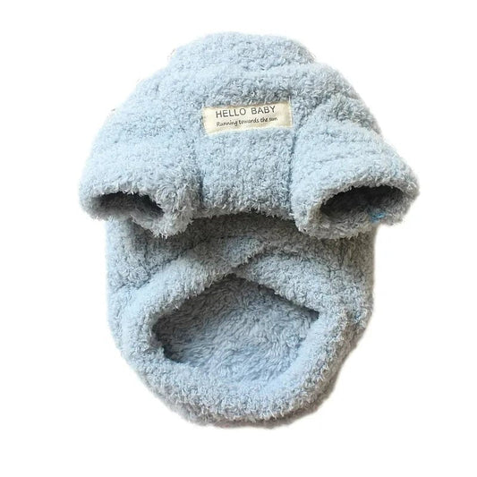 Pull chaud pour chien en tissu pelucheux bleu avec capuche et étiquette Hello Baby
