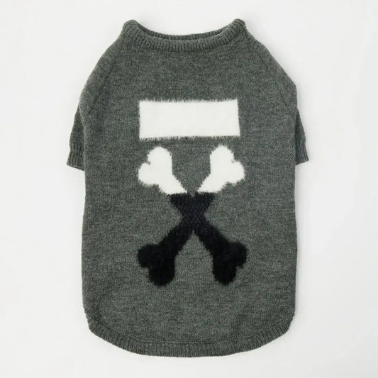 Pull chaud pour chien en gris avec motif de côtes croisées en blanc et noir