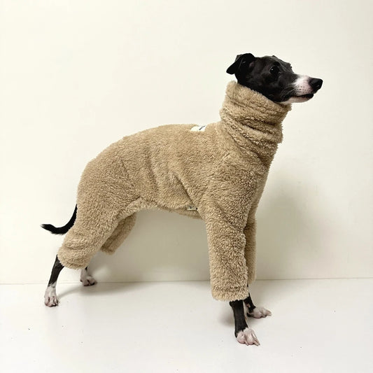 Pull chaud pour lévrier en tissu doux beige couvrant tout le corps du chien