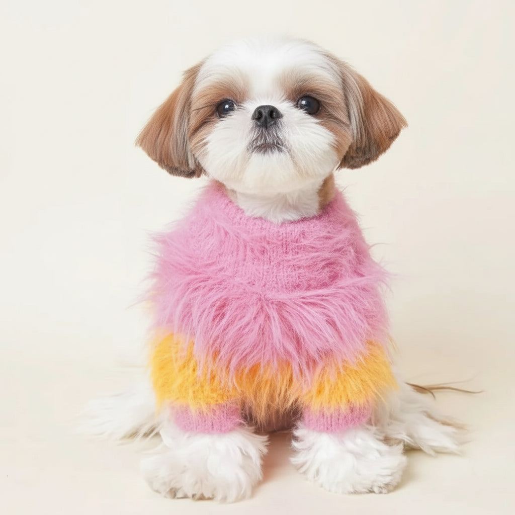 Chien habillé avec un pull coton doux pour chien en rose et jaune, matériel doux et confortable