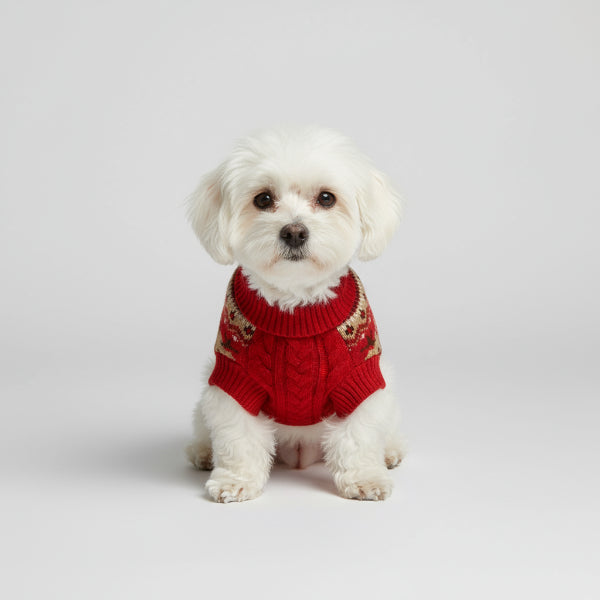 Chien mignon portant un pull de Noël pour chien rouge avec des motifs festifs