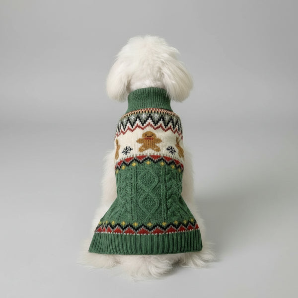 Pull de Noël pour chien en vert avec motif de bonhomme en pain d'épice et flocons de neige