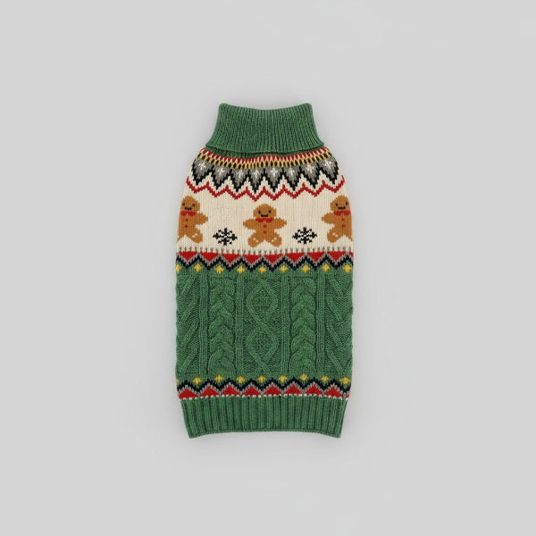 Pull de Noël pour chien en vert avec motif de bonhomme en pain d'épice et design en tricot élégant