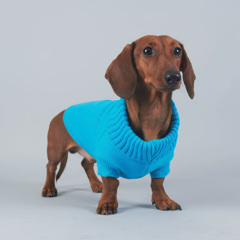 Pull élégant pour teckel en bleu avec col rond et design confortable pour chiens