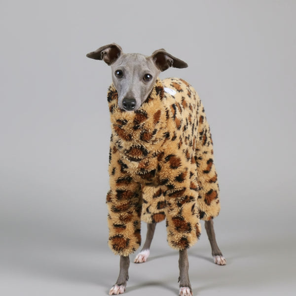 Pull polaire pour lévrier au motif léopard, confortable et chaud pour les chiens.