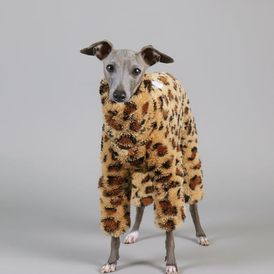 Pull polaire pour lévrier au motif léopard, confortable et chaud pour les chiens.