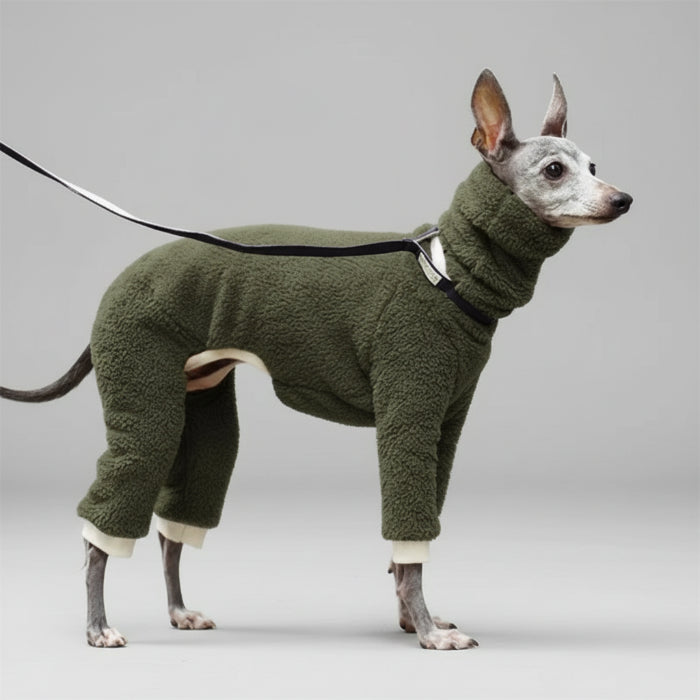 Pull polaire pour lévrier en vert avec col montant et pattes allongées pour un confort optimal