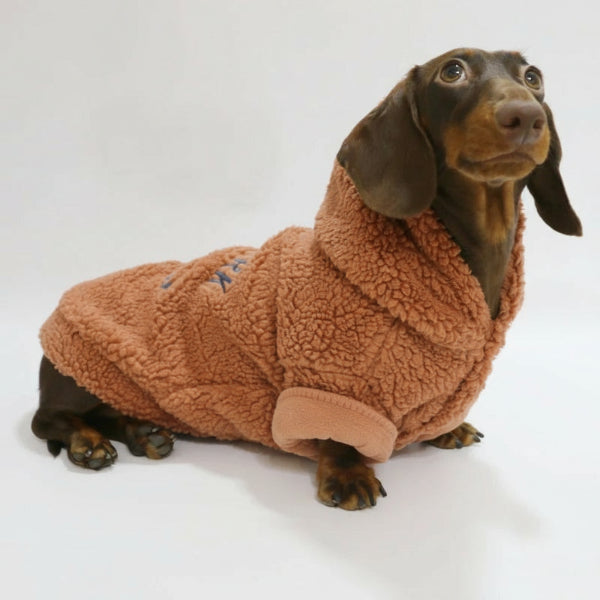 Pull polaire pour teckel en peluche marron avec capuche confortable pour un look douillet