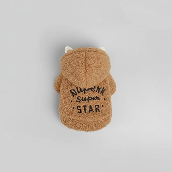 Pull polaire pour teckel en beige avec capuche et inscription Super Star