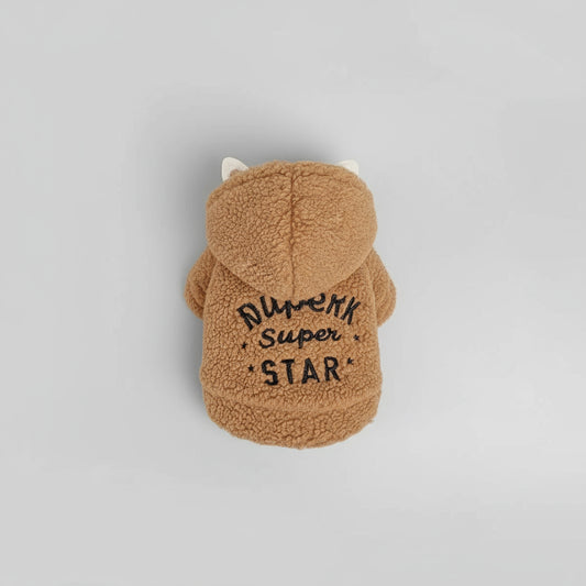 Pull polaire pour teckel en beige avec capuche et inscription Super Star