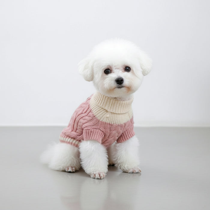 Un pull pour chien rose en tricot avec col beige, parfait pour garder votre animal au chaud.