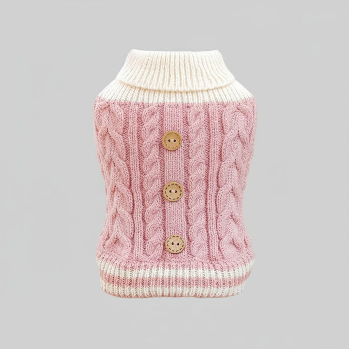 Pull pour chien rose en tricot avec col et boutons en bois pour un look élégant