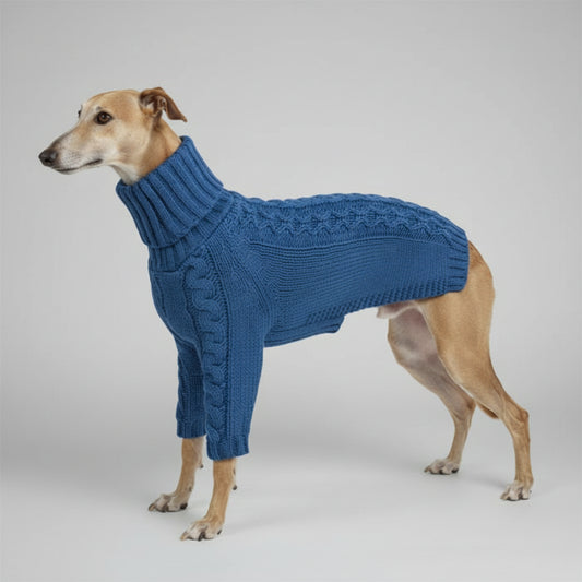 Pull pour lévrier col roulé tricoté bleu avec motifs torsadés pour chien élégant