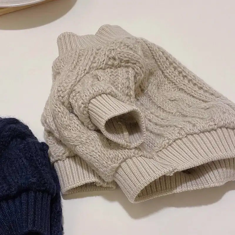 Pull pour petit chien en tricot beige avec motif torsadé et finitions côtelées