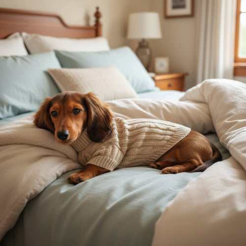 Chien teckel portant un pull pour petit chien en tricot beige, posé sur un coussin coloré
