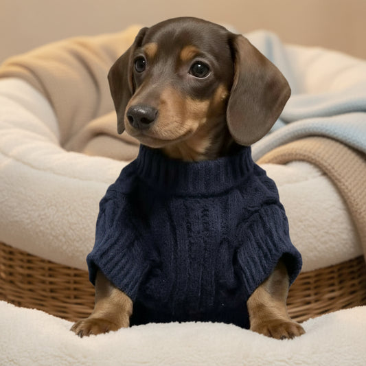 Petit chien adorable en pull pour petit chien bleu marine avec col roulé confortable