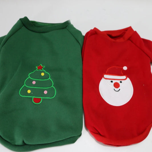 Deux pulls pour teckel de Noël, un vert avec un sapin et un rouge avec un père Noël