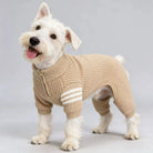 Pull tricoté pour chien beige avec col et rayures blanches pour un look tendance