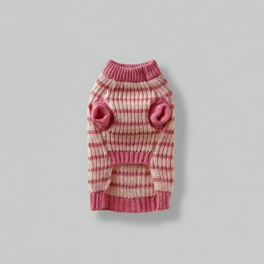 Pull tricoté pour chien à rayures roses et blanches, idéal pour des tenues stylées
