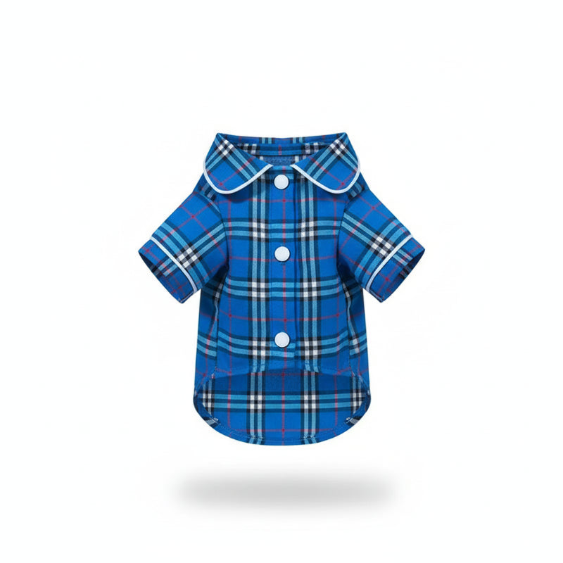 Pyjama pour chien teckel en tissu à carreaux bleu avec nœud papillon assorti