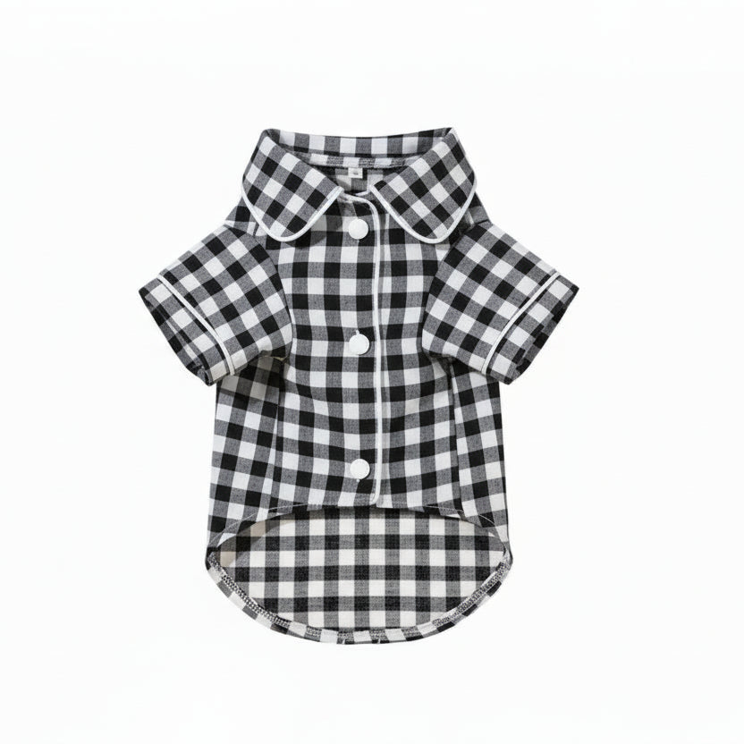 Pyjama pour chien teckel à carreaux noirs et blancs avec nœud papillon assorti