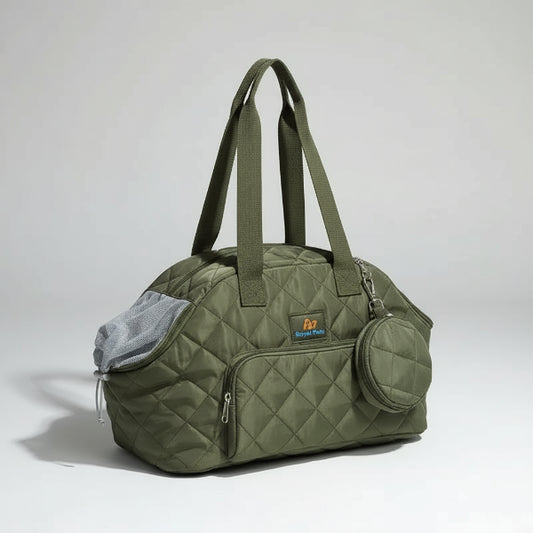 Sac imperméable chien chat vert olive matelassé avec pochette ronde attachée porté à l'épaule