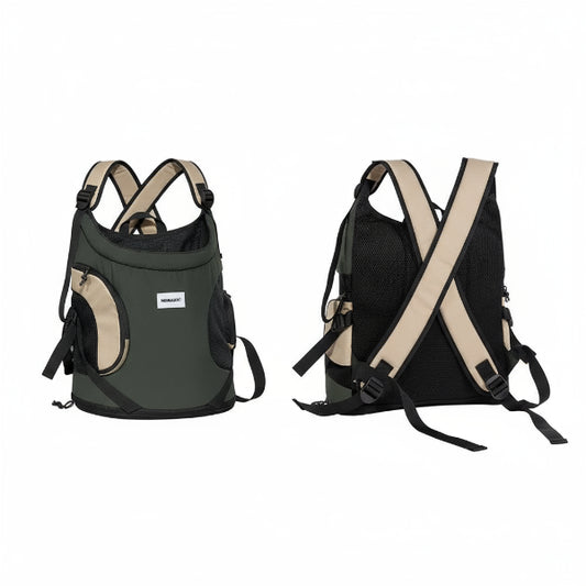 Sac à dos chien respirant Oscar et Plume en vert et beige avec sangles réglables pour le confort.