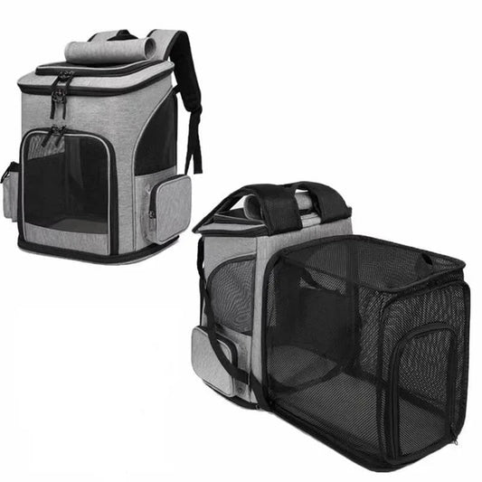 Sac à dos pour chien chat en gris avec fenêtres en maillage pour la ventilation et le confort