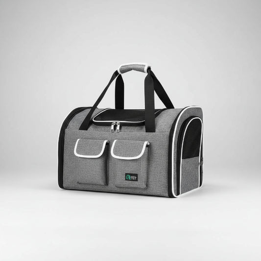 Sac a dos transport chien chat gris avec poches avant et ouverture en filet pour une bonne aération