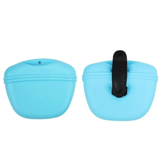Sac à friandises chien bleu en silicone avec clip noir pour entraînement pratique des chiens