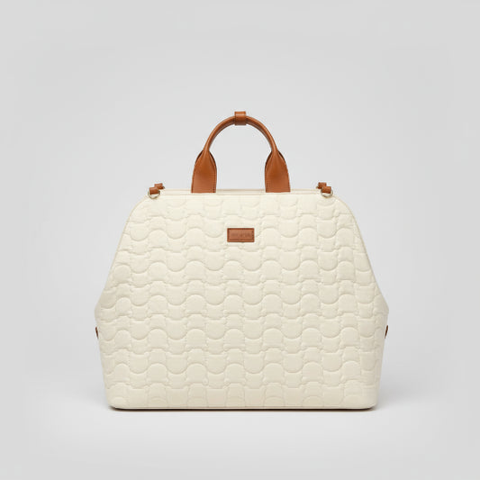 Sac à main pour chien Oscar et Plume en tissu matelassé blanc avec poignées en cuir marron