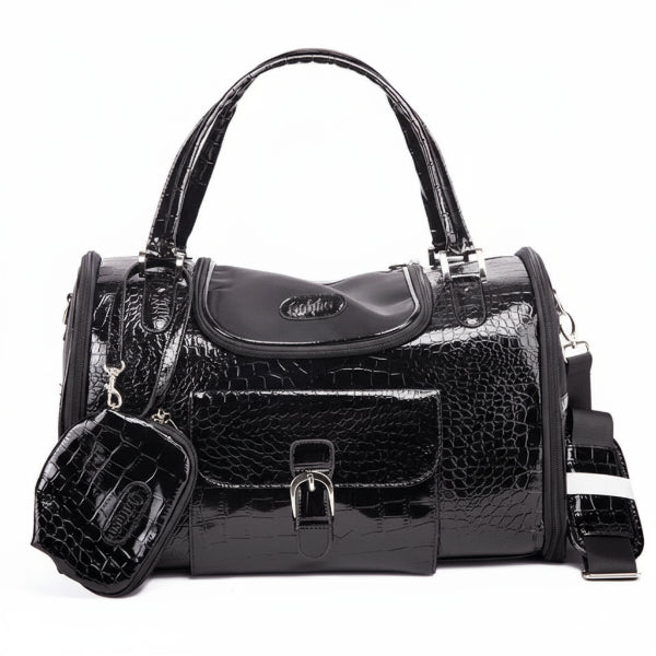 Sac à main pour petit chien en cuir verni noir motif croco par Oscar et Plume