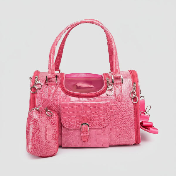 Sac à main pour petit chien Oscar et Plume rose effet croco avec poches et poignée confortable