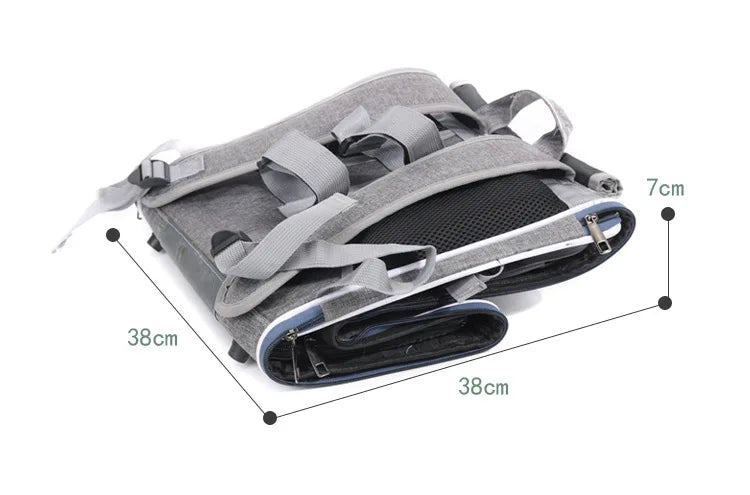 Sac de transport chat et chien pliable gris avec dimensions 38x38x7 cm et sangles ajustables