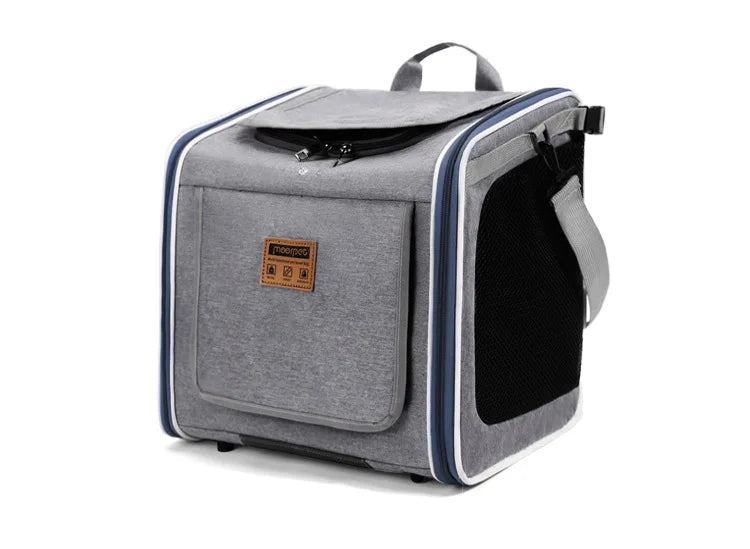 Sac de transport chat et chien gris avec poches latérales en filet et poignée de transport