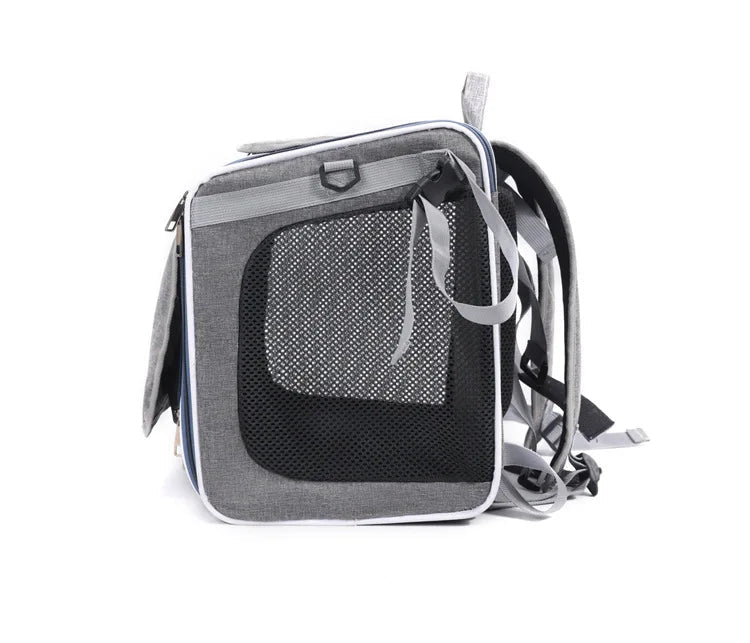 Sac de transport chat et chien gris avec fenêtres en maille pour une bonne aération