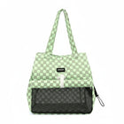 Sac de transport chien chat Oscar et Plume en tissu vert à motifs cubes avec filet de ventilation
